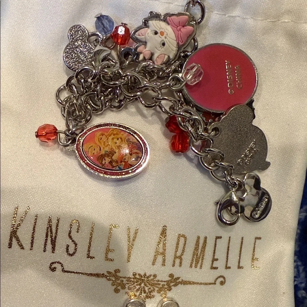 Disney charm bracelet 8” 9 removable charms + 2 Mickey rings NEW